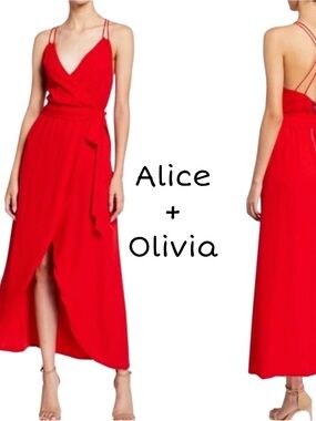 ALICE + OLIVIA
 Susana Multi-Strap Faux-Wrap High-Low Maxi Dress in red.